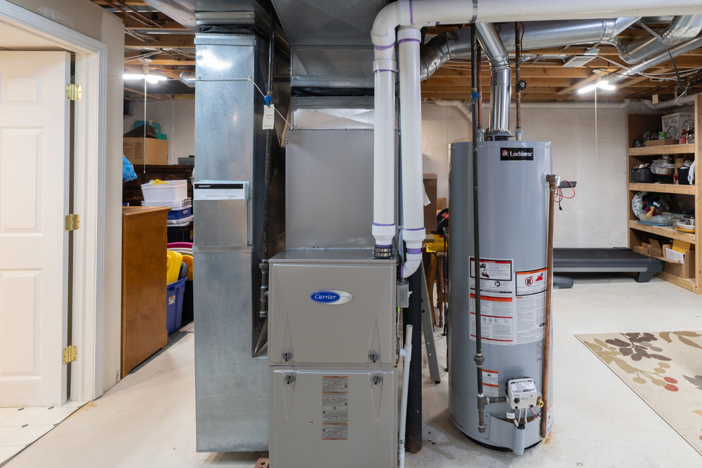 Basement utility area with a Carrier furnace and a Rheem water heater, exposed pipes, shelves with storage bins, and a treadmill in the background.
