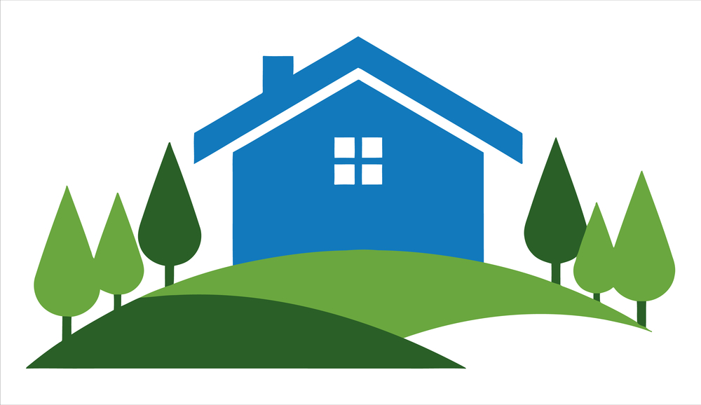 Illustration of a blue house with four windows on a green hill, surrounded by stylized green trees against a white background.