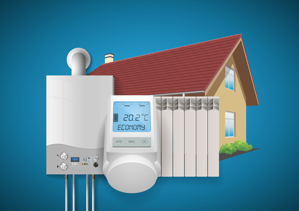 Illustration of a house with a radiator, boiler, and digital thermostat displaying 20.2°C and “ECONOMY” mode, representing home heating and temperature control system.
