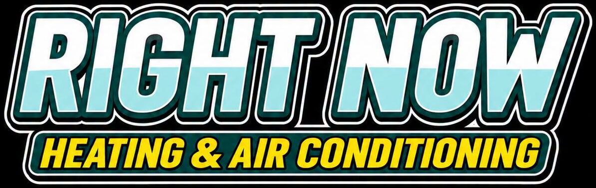 Logo with large text reading “Right Now” above smaller yellow text “Heating & Air Conditioning” on a black background.